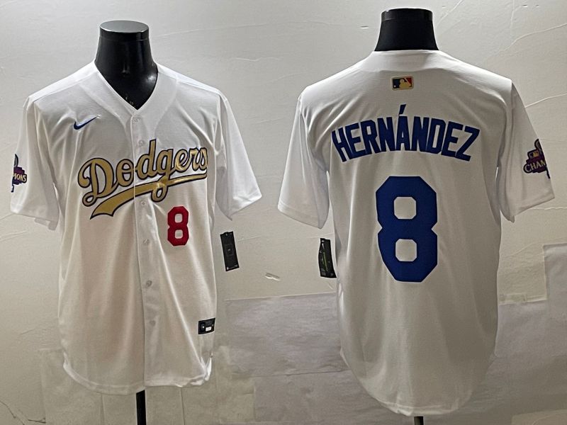 Men Los Angeles Dodgers 8 Hernandez White Champion gold character 2025 Nike MLB Jersey style 3317